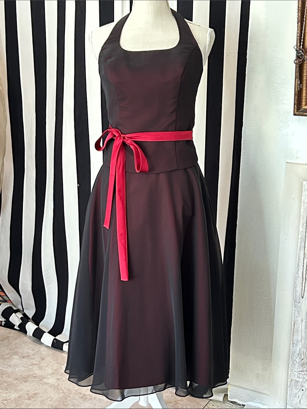Alfred Angelo Elegant Black Halter Dress with Red Sash